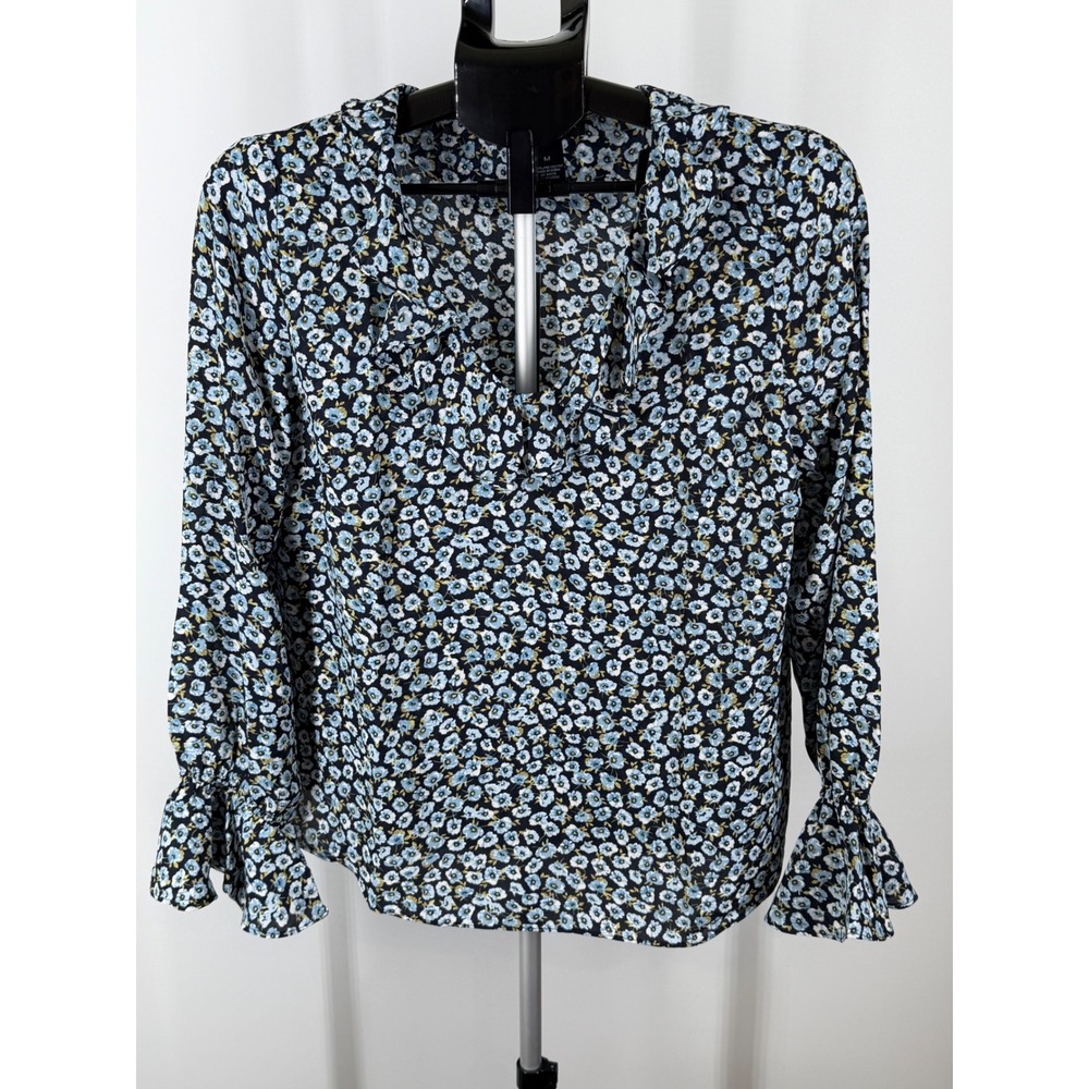 Joan Vass New York Blue Floral Ruffle Neck Blouse Womens Medium NWT